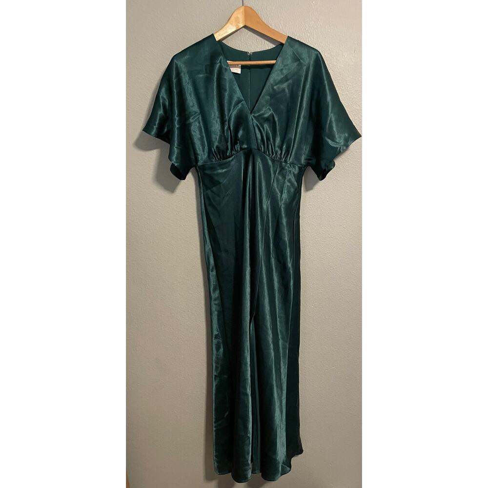 Birdy Grey Gown Womens Medium Green Satin V Neck Flutter Sleeve Formal Evening